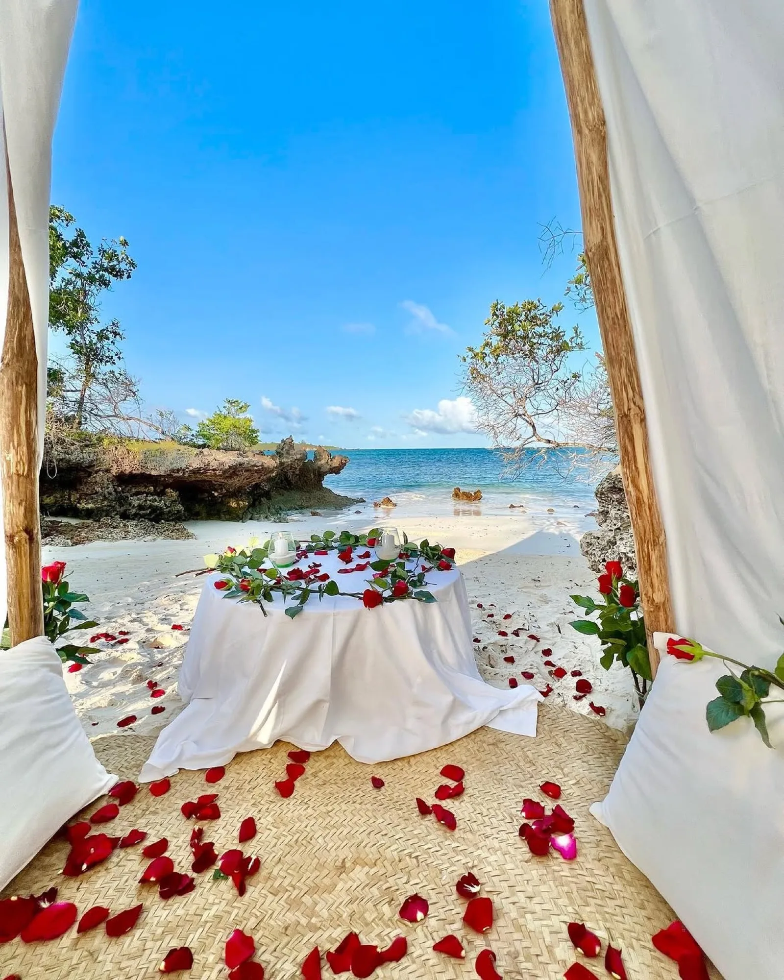 A candlelit private setting scattered with petals, open to the creek